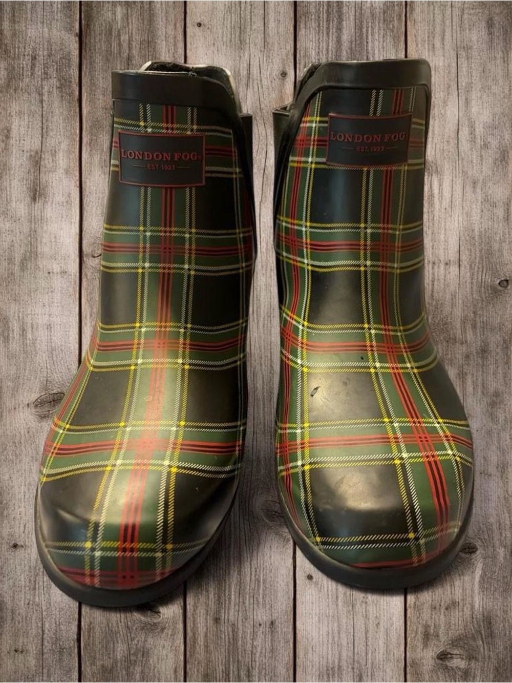 London Fog Green Plaid Waterproof rainboots with Red & Yellow Accents